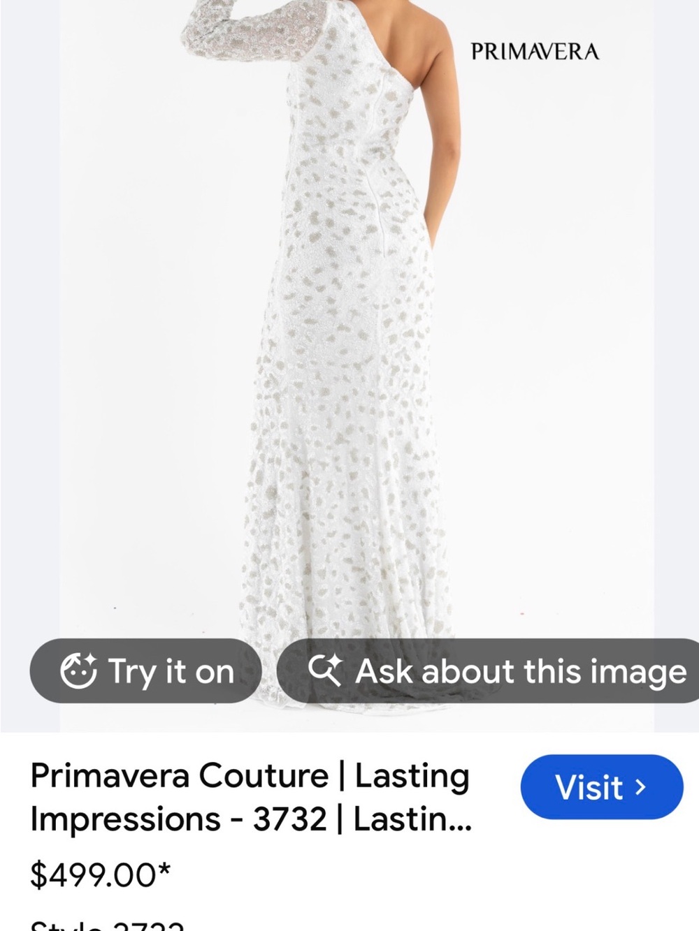 Primavera Couture One-Shoulder White with Silver Sequin Gown